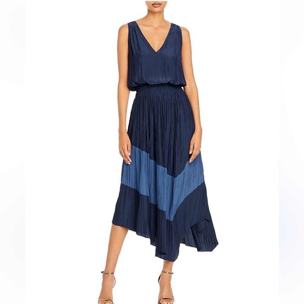 Ramy Brook Gia Navy & Slate Pleated Maxi Dress | Size Small | Asymmetrical Hem